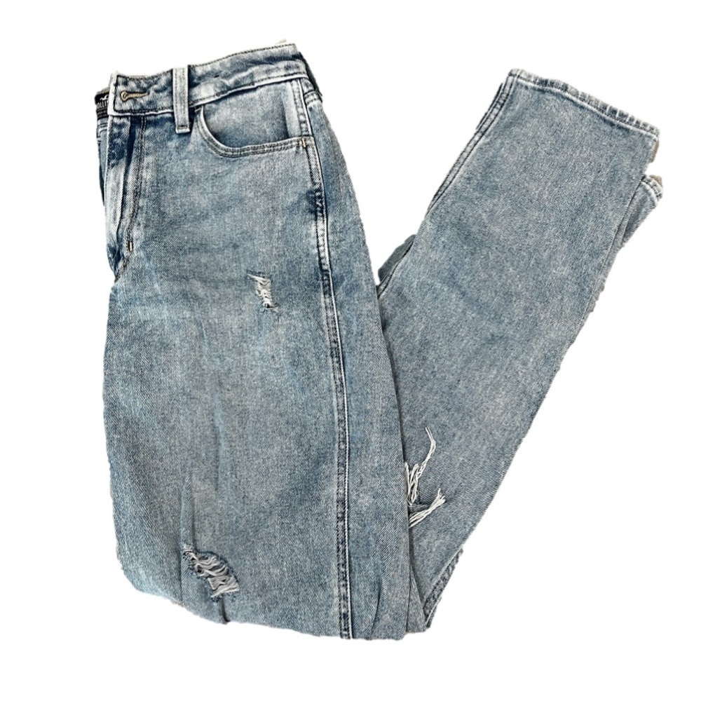 Hollister Ultra High Rise Mom Jeans Light Wash Distressed Stretch Size 5L, 27/29